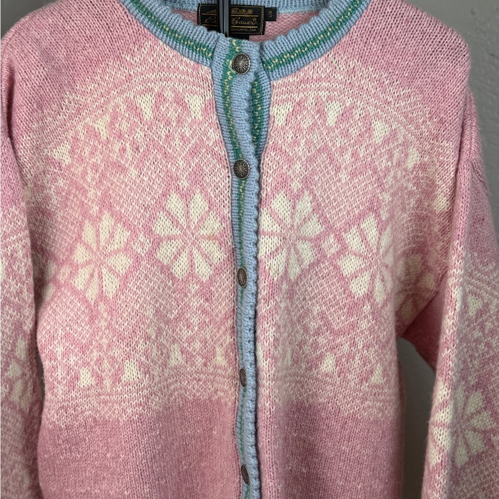 Vintage 80’s Eddie Bauer Wool Pink Fair Isle Cardigan Made in USA Size S - Picture 2 of 7